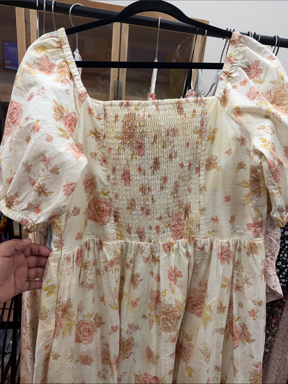 Women’s Floral Maxi Dress with Lace-Up Front - Cream & Coral - Picture 4 of 4
